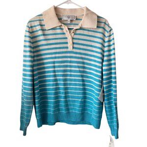 St. John Sport US Womens M Striped Wool-Blend Collared Sweater Pool Blue NEW